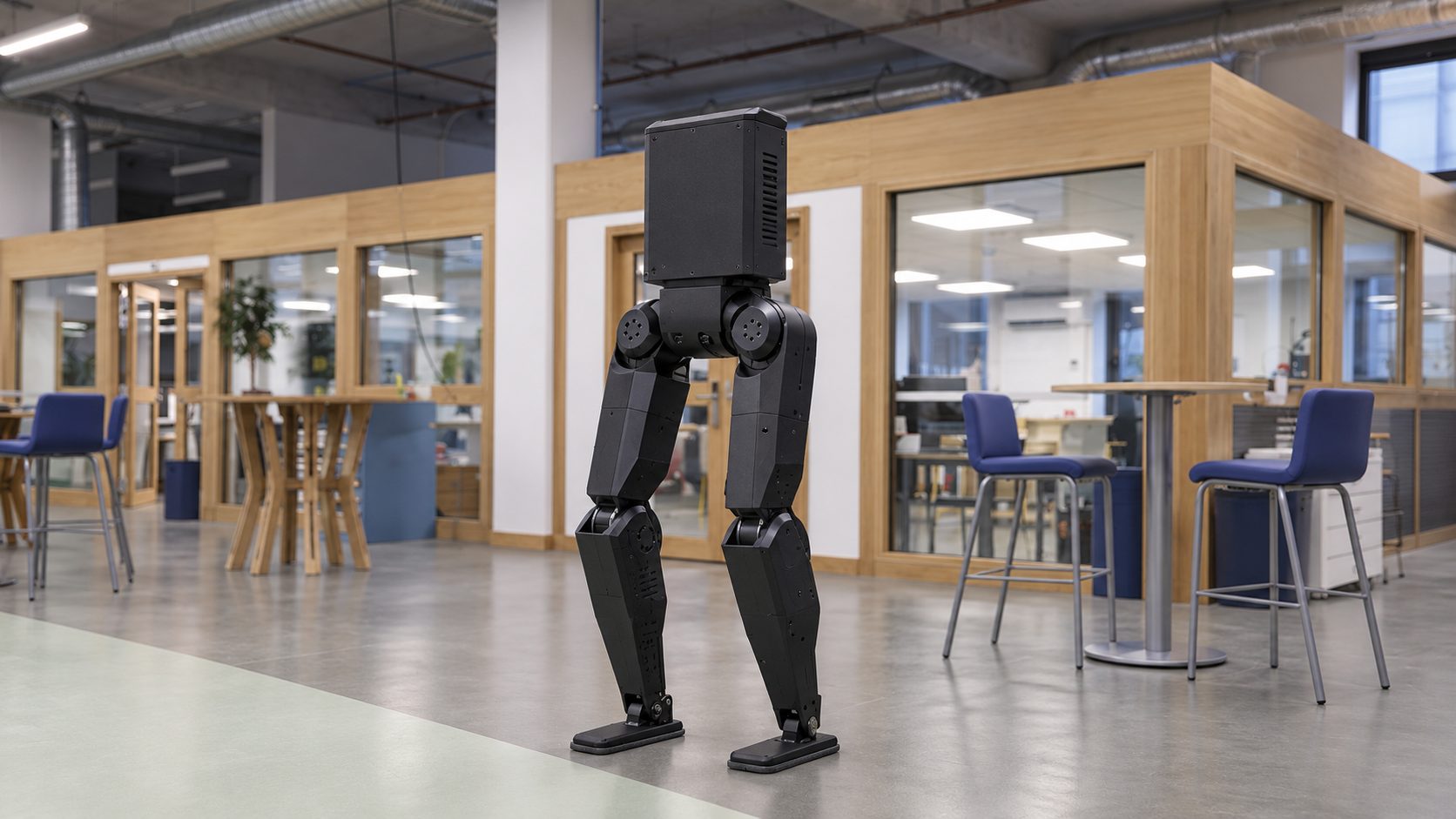 Vue d'artiste du robot debout dans un FabLab